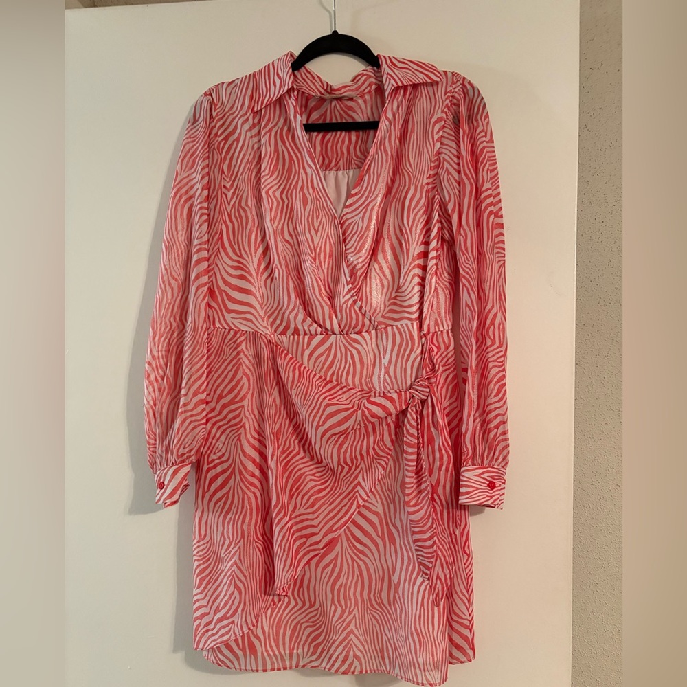 Michael Kors Red Pink Wrap Dress Long Sleeve V-neck